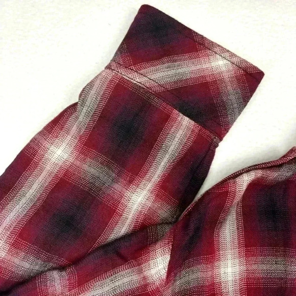 Sanctuary Maroon/White Plaid 100% Rayon Rolled Sleeves Snap Down Shirt Size M - Picture 10 of 16